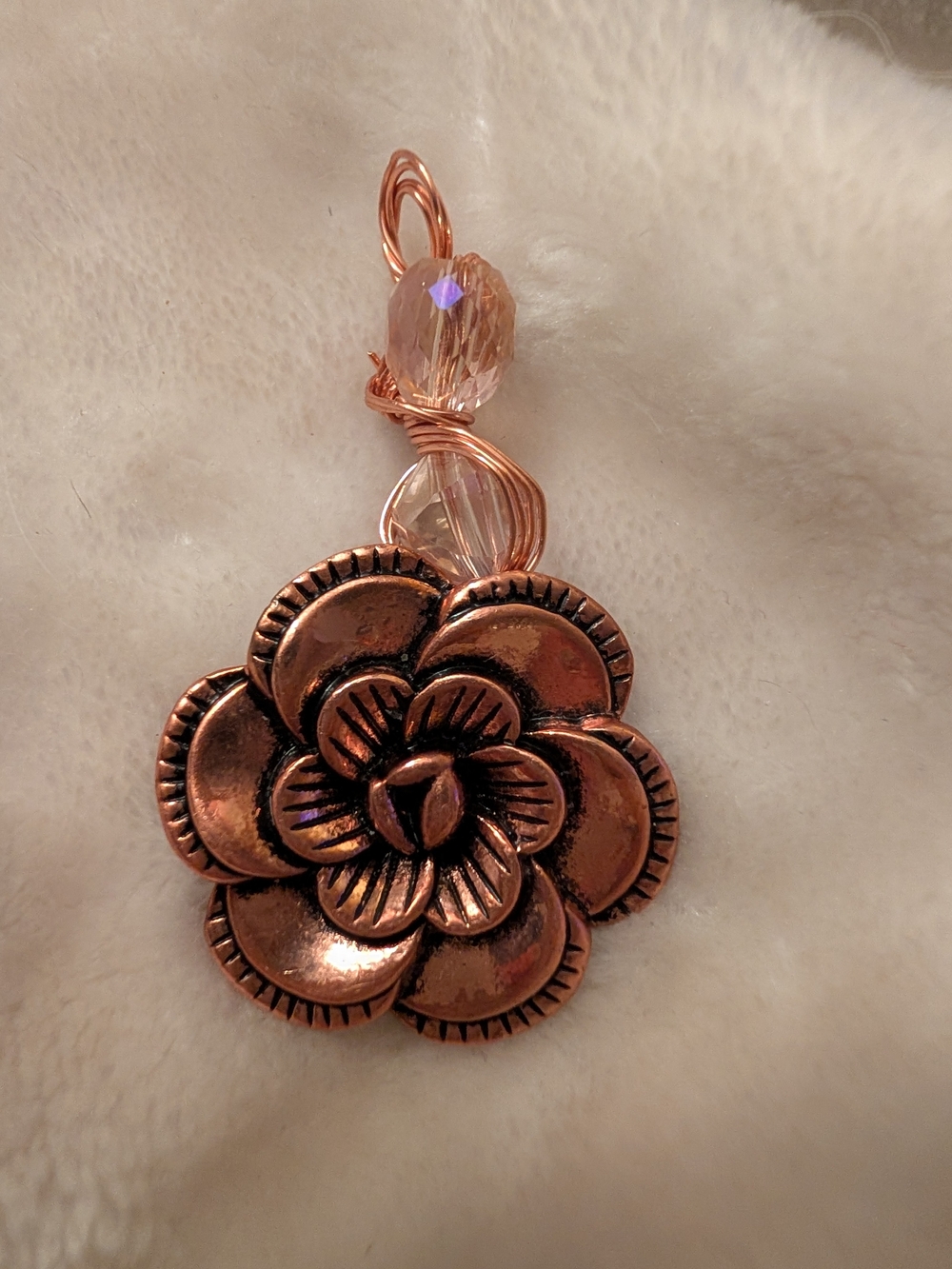 Rose-Tone Floral Pendant Necklace with Faceted Crystal Accents